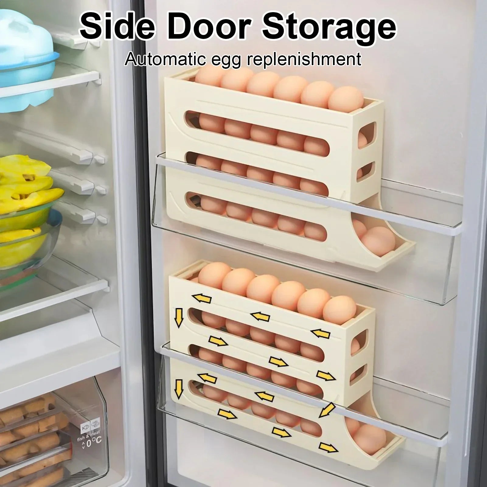 4-Layer Automatic Egg Roller Tray — 30-Egg Refrigerator Organiser 4 Colours