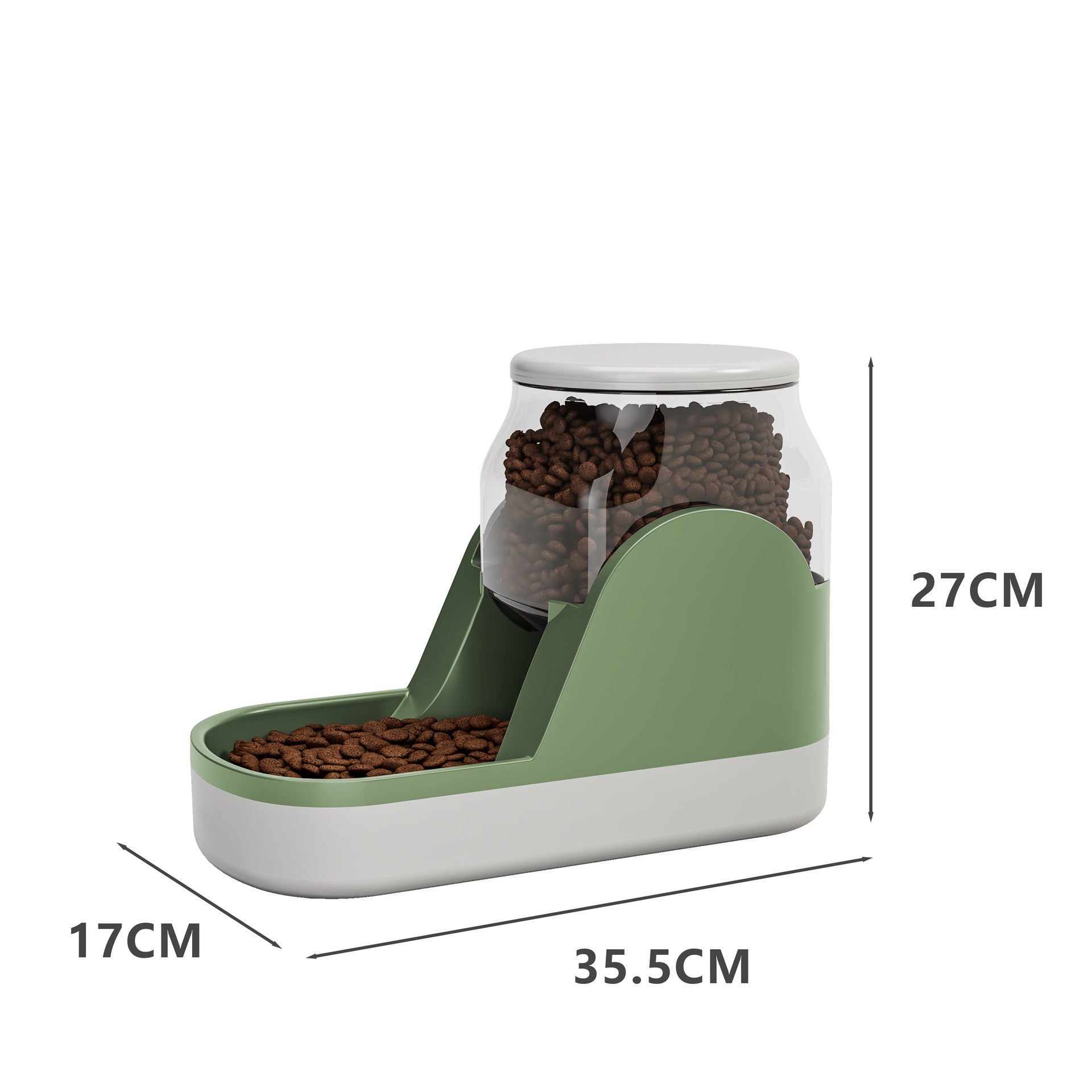 Automatic pet feeder in dark green — front view with dimensions