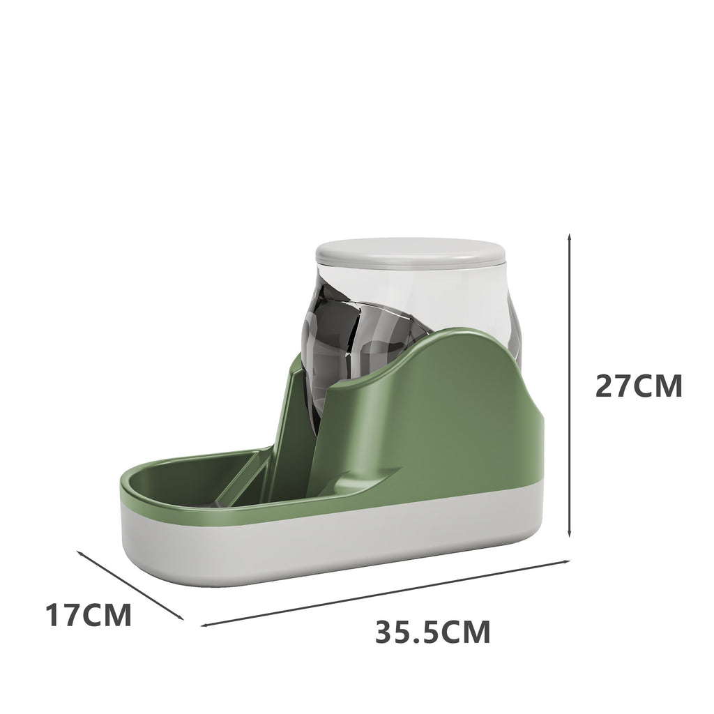 Automatic pet feeder in grey — front view with dimensions