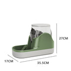 Automatic pet feeder in grey — front view with dimensions