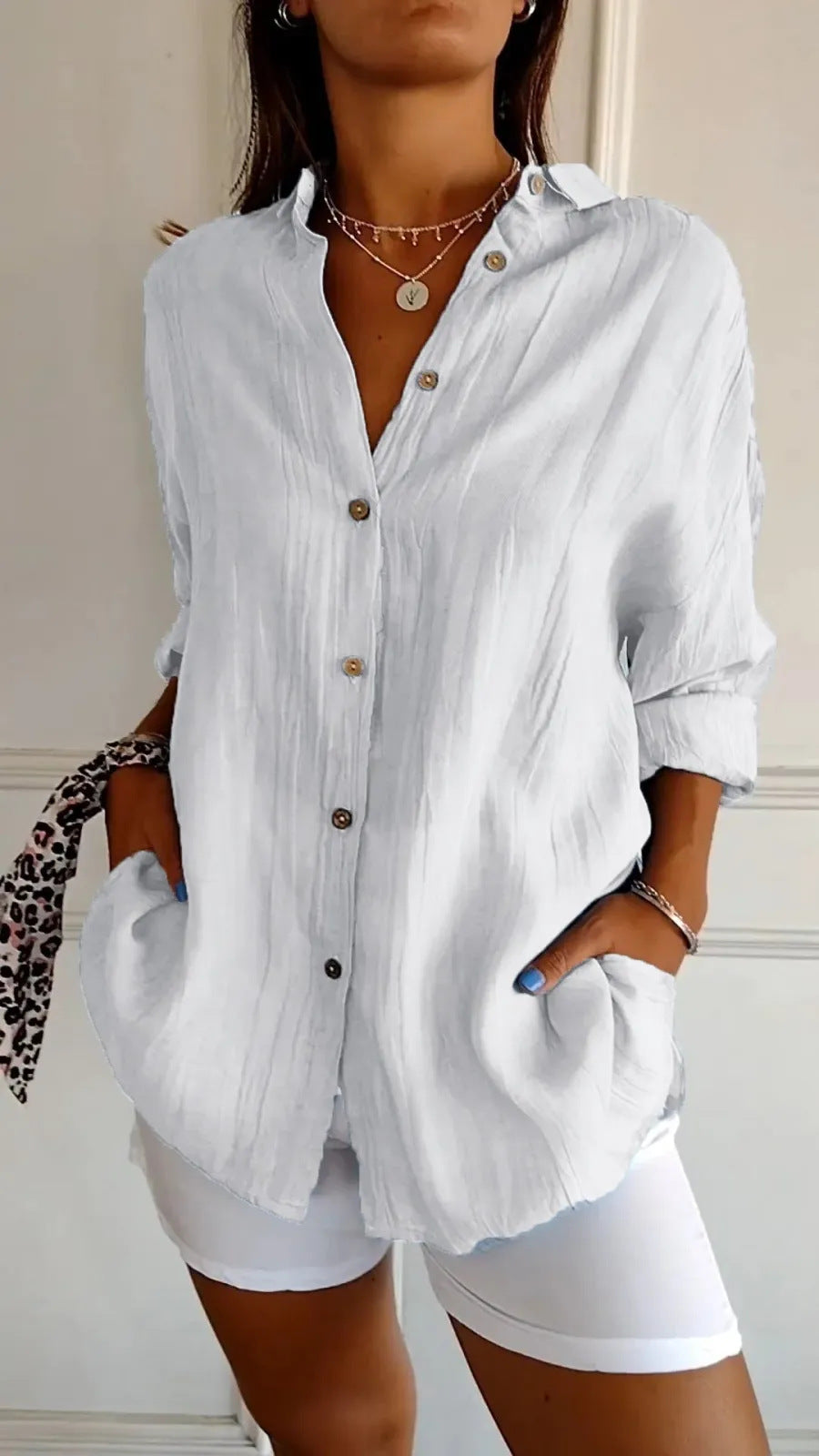 Women's Loose Long Sleeve Button-Up Shirt — Pleated Lapel Collar Tops S–5XL