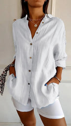 Women's Loose Long Sleeve Button-Up Shirt — Pleated Lapel Collar Tops S–5XL