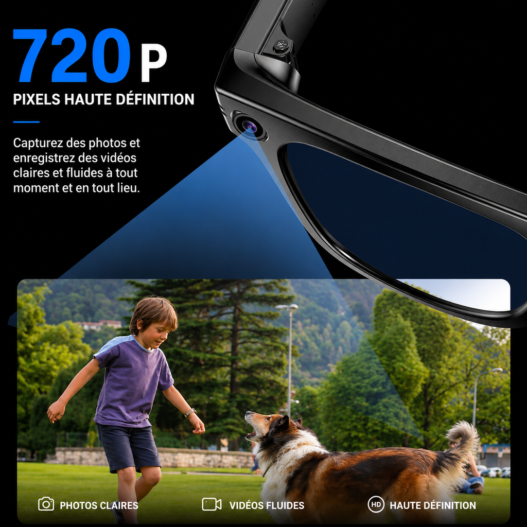 Lunettes intelligentes Bluetooth avec IA – Caméra intégrée, traduction en temps réel et filtre anti-lumière bleue