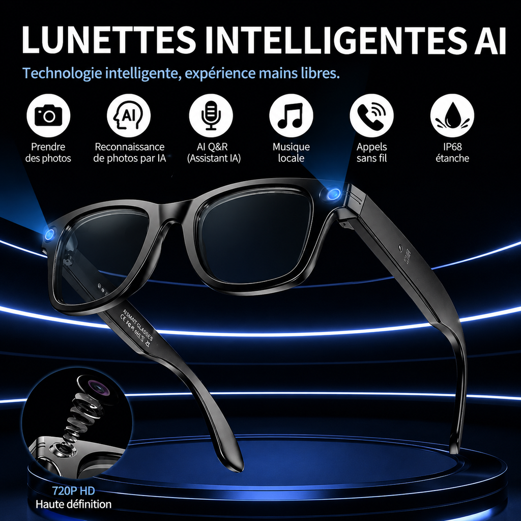 Lunettes intelligentes Bluetooth avec IA – Caméra intégrée, traduction en temps réel et filtre anti-lumière bleue