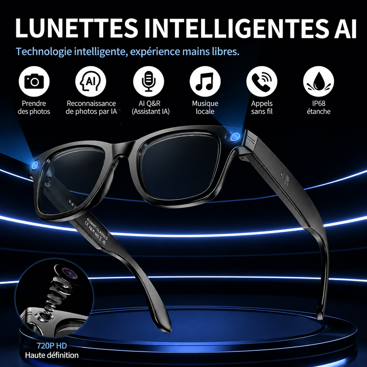 Lunettes intelligentes Bluetooth avec IA – Caméra intégrée, traduction en temps réel et filtre anti-lumière bleue